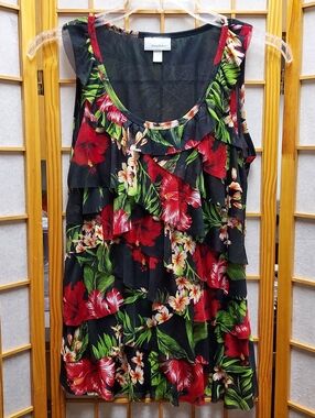 🌺 Dressbarn Tropical Hibiscus Ruffle Mesh Sheer Layered Tank Women's L